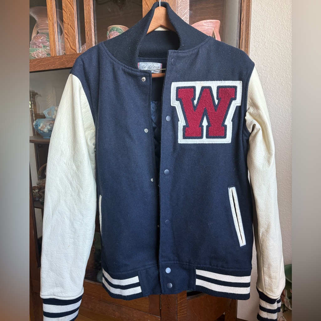 Abel Brown Varsity Jacket W/Quilted Lining Sz M. Blue And White And Red W Patch